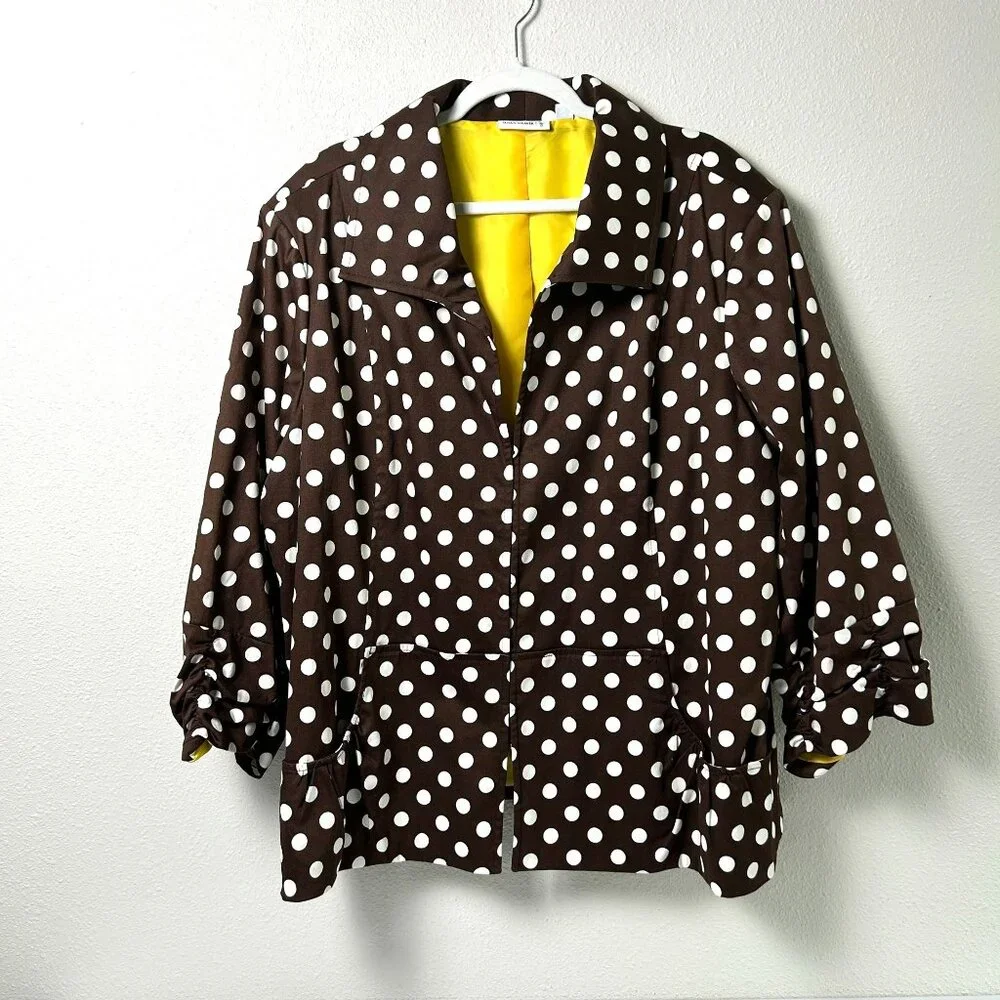 Susan Graver Sateen Jacket Size 3X Brown White Polka Dot Ruched Sleeve Pockets - Picture 1 of 16